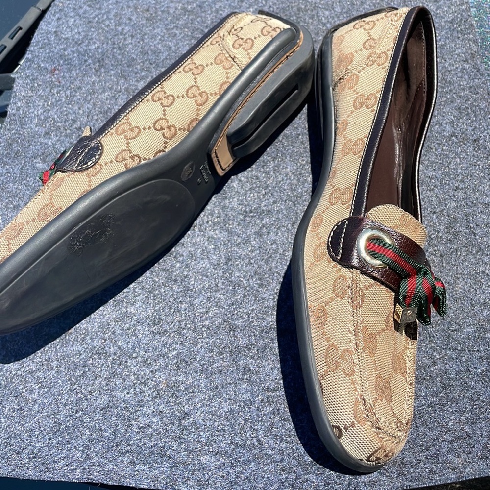 Gucci Beige/Brown GG canvas & Leather Web Bow Detail Loafers Size (38 IT)